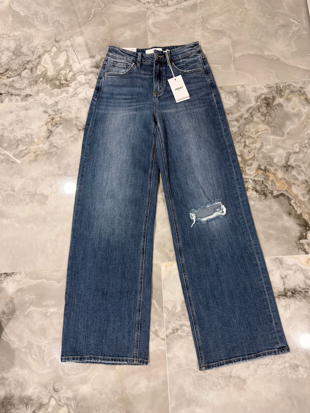 Vervet Blue Olivia Wide-Leg Distressed Jeans in Dark Blue Wash